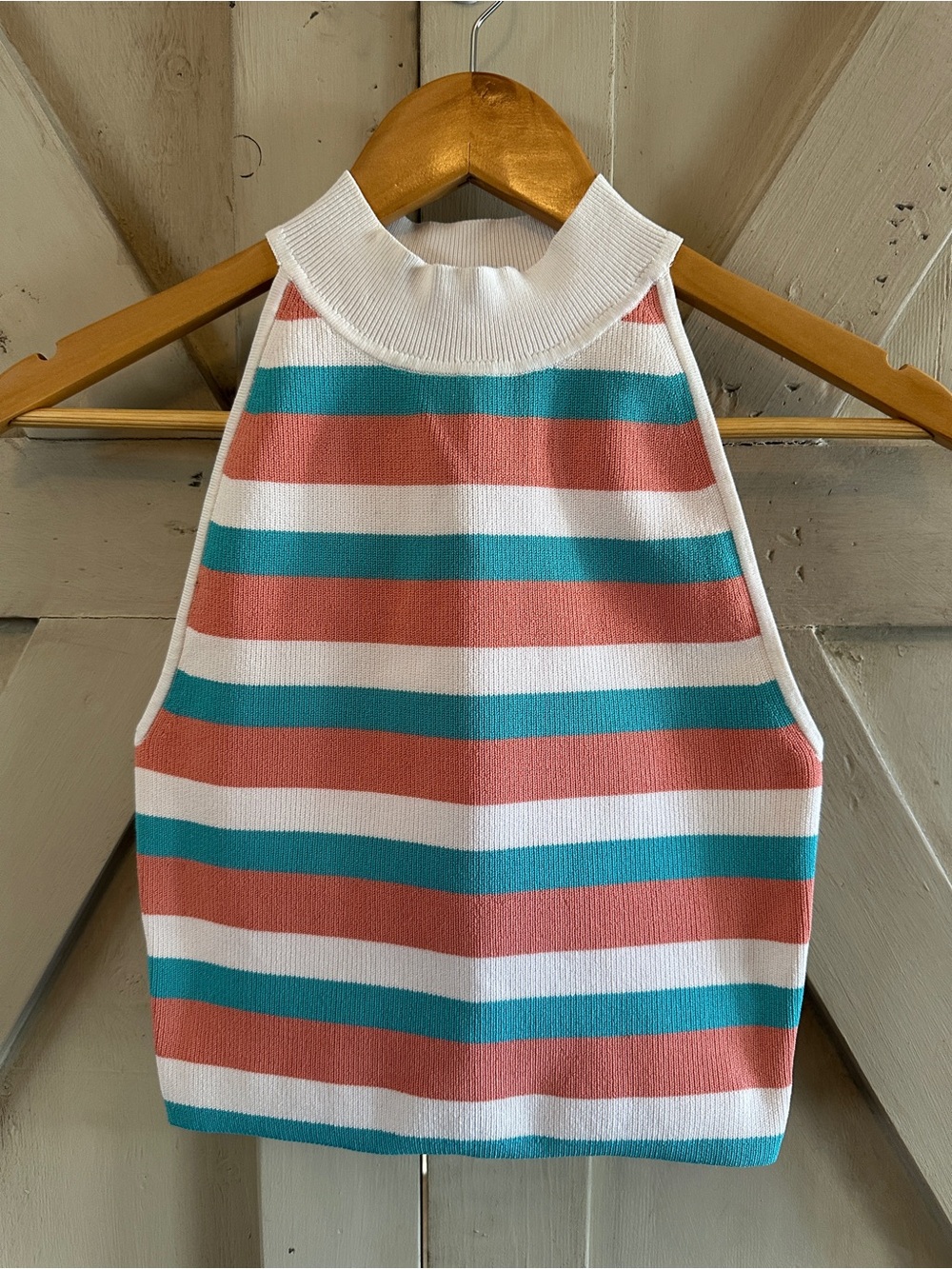 Babaton Striped Knit Halter Tank Top Size Small Pink Teal White Mock Neck